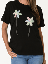 T-shirt noir avec imprimé de deux fleurs texturées