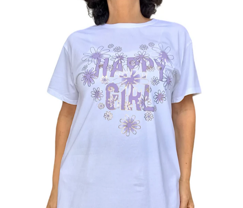 T-shirt blanc col en rond « happy girl »