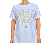 T-shirt blanc col en rond « happy girl »