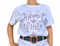 T-shirt blanc col en rond « happy girl » pour femme avec ceinture noire.