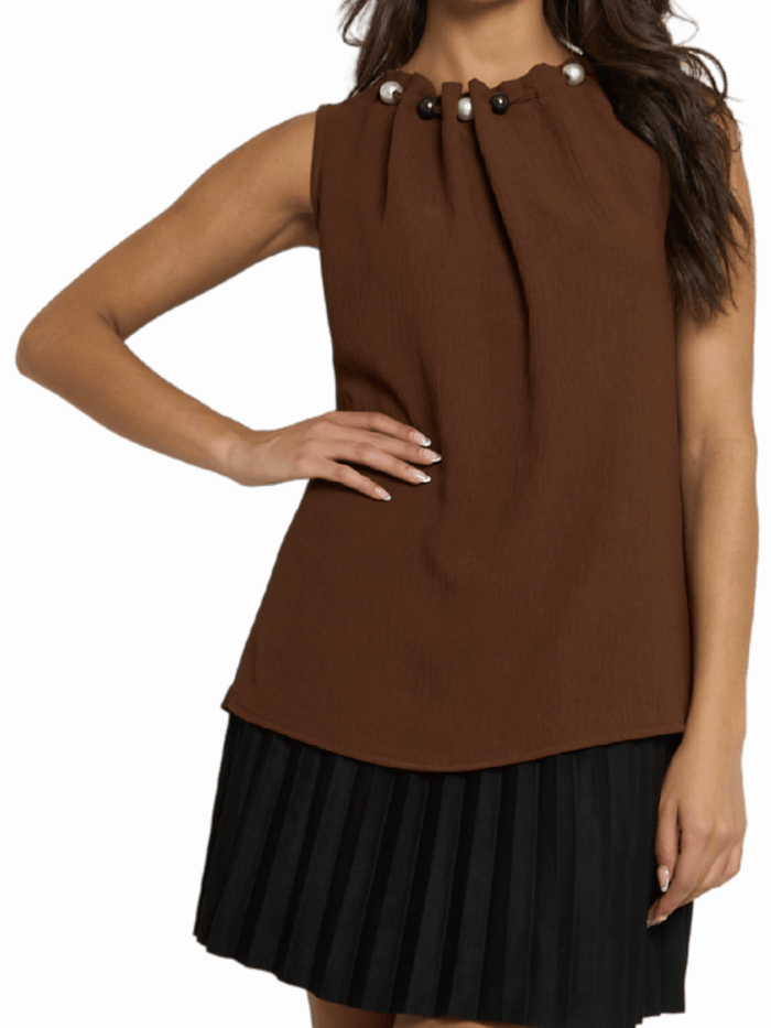 NEW - Blouse marron sans manches avec perles