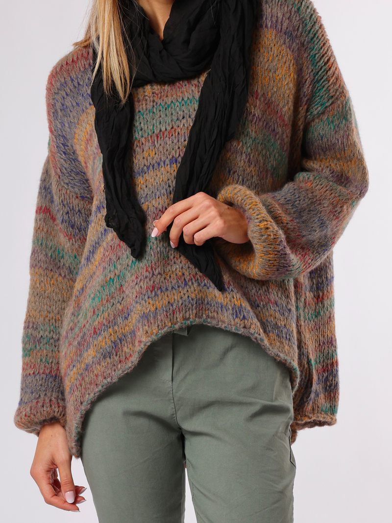 NEW - Chandail gris en tricot rayé multicolore
