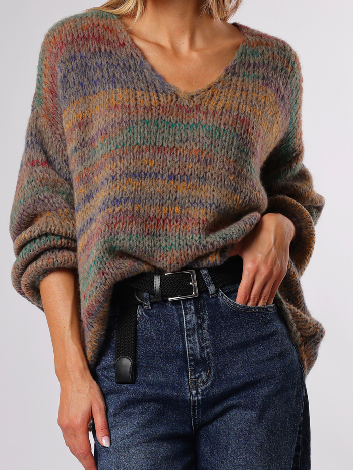 NEW - Chandail gris en tricot rayé multicolore