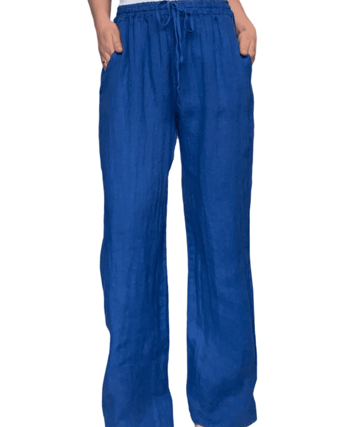 Pantalon droit bleu électrique en lin  pour femme.