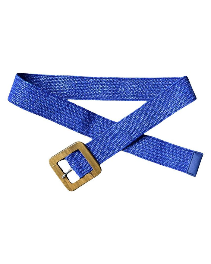 Ceinture bleu royal élastique en jute avec boucle en bois pour femme