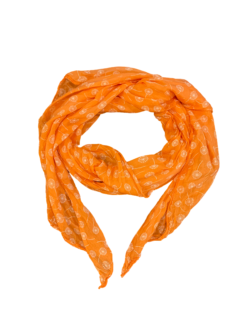 Foulard orange femme avec imprimé de pissenlits blancs 20% soie.