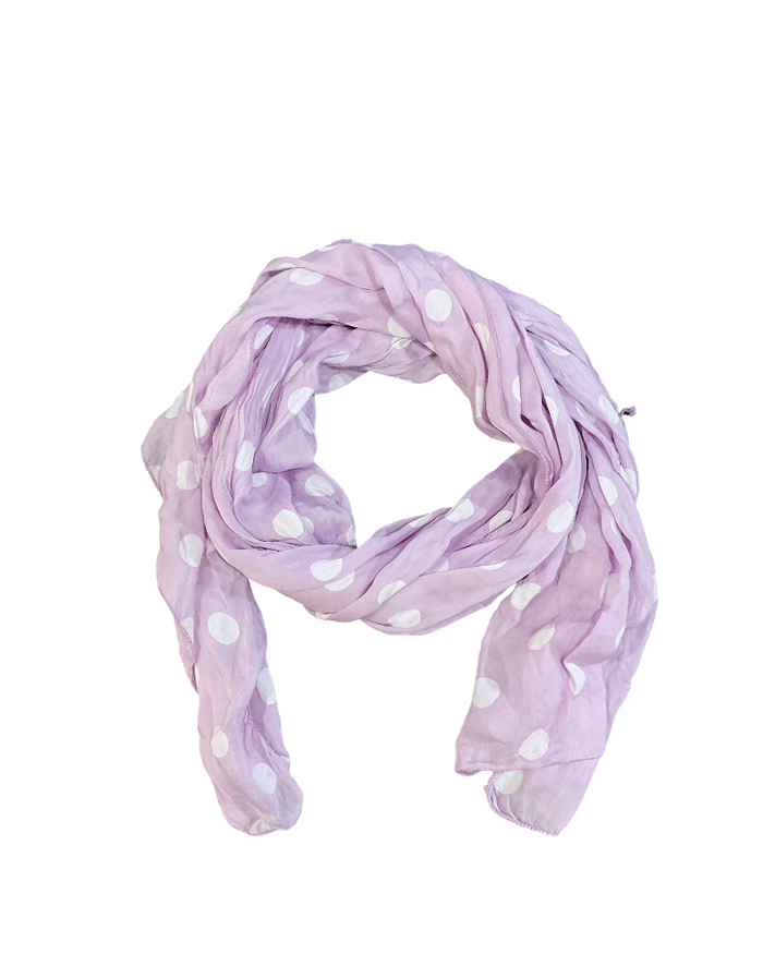 Foulard lilas femme avec imprimé de pastilles blanches 20% soie.