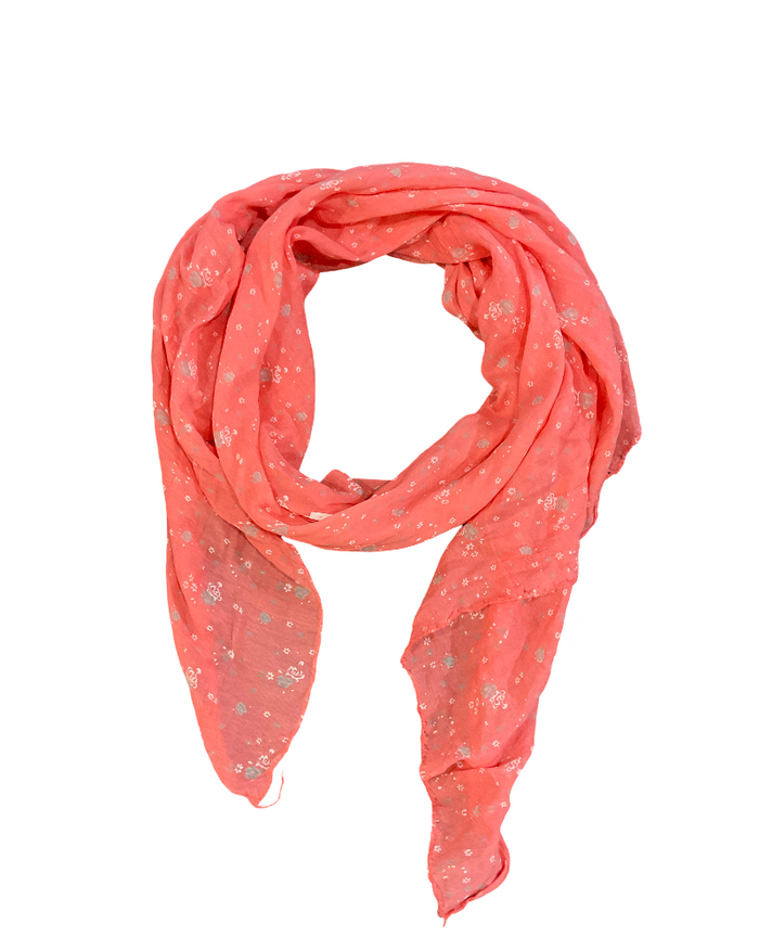 Foulard corail femme avec imprimé floral gris et blanc 20% soie.