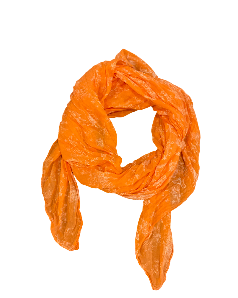 Foulard orange femme avec imprimé floral blanc 20% soie.