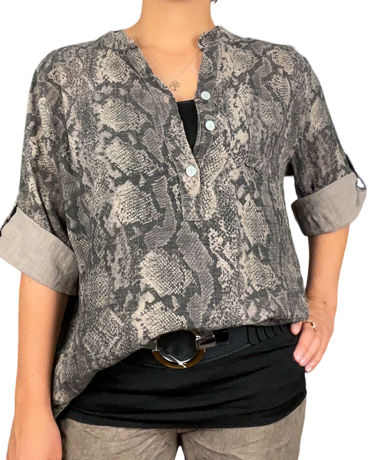 Blouse brune pour femme avec imprimé de peau de serpent avec camisole gainante à l'intérieur. 