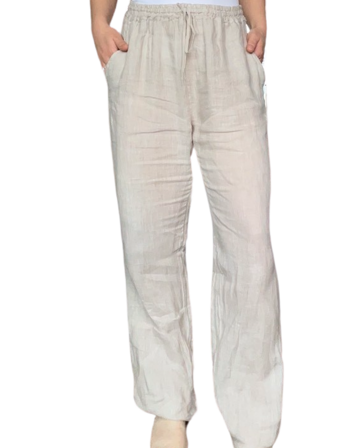 Pantalon droit beige pour femme en lin à taille élastique avec cordon.