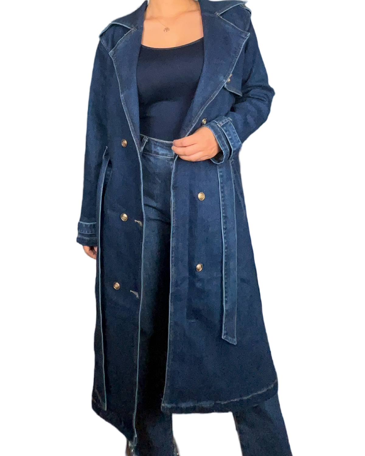 Manteau/trench long en jeans à manche longue pour femme avec jeans.