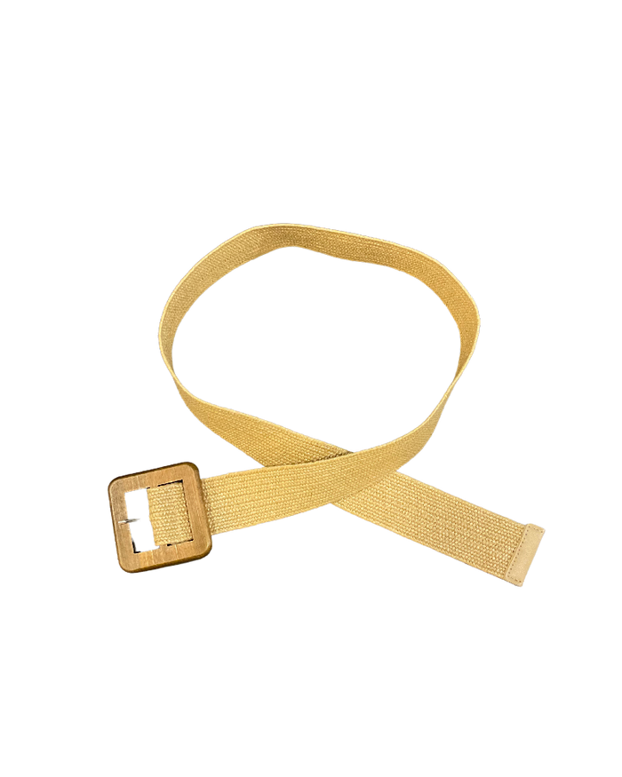 Ceinture beige élastique en jute avec boucle carrée en bois pour femme.