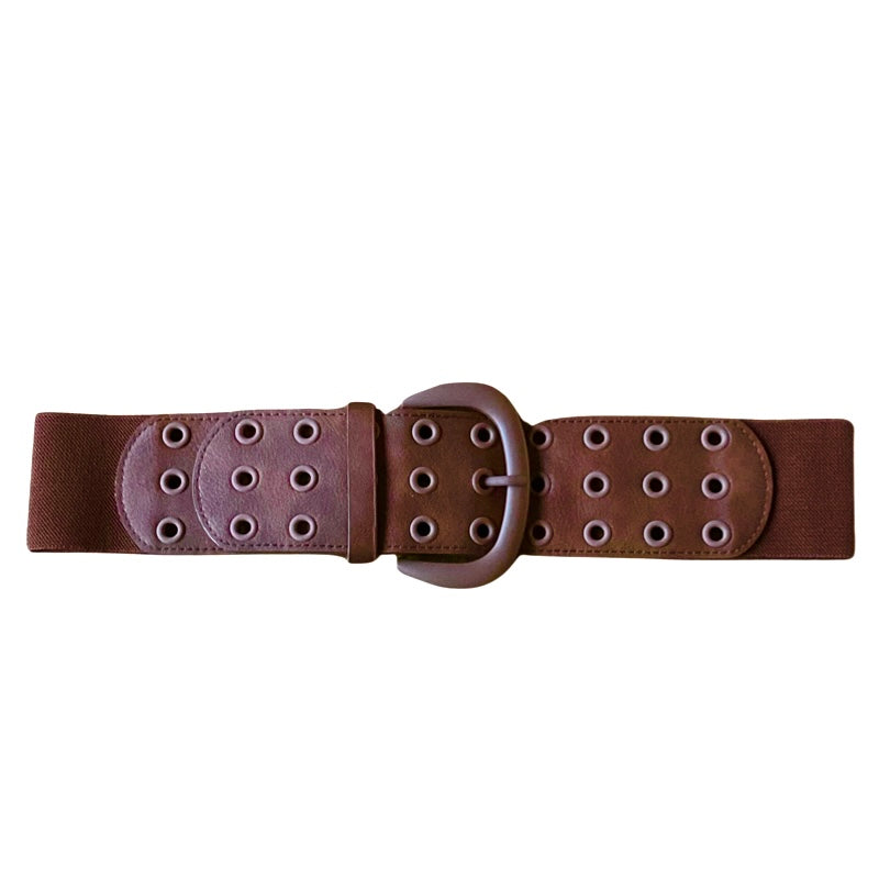 Ceinture femme camel élastique en cuir artificiel avec des oeillets, vue de haut