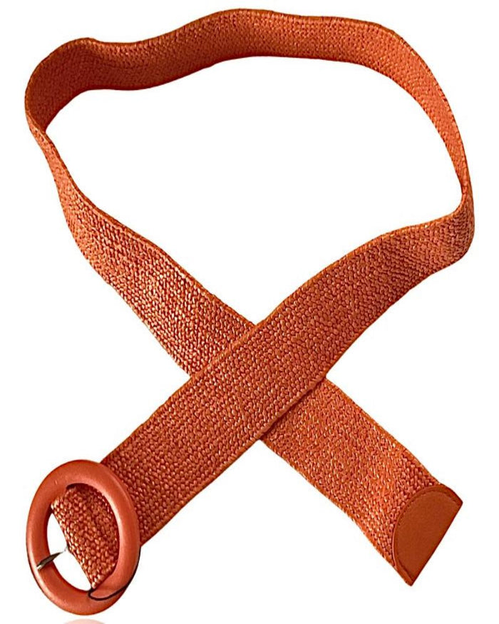 Ceinture orange élastique en jute avec boucle en bois orange