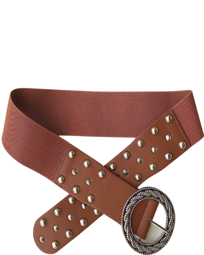 Ceinture femme cognac élastique en cuir artificiel à rivets argentés